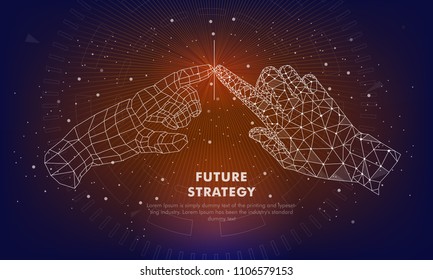 Touch the future. Innovations systems intuitive thinking and development technologies in automatics cyborg systems and computers industry. Future technologies geometry style.