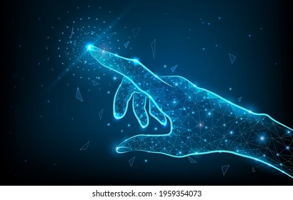 Touch the future low poly hand wireframe. Vector polygonal image in form of starry sky or space, consisting of points, lines, and shapes with destruct shapes. Futuristic concept vector illustration