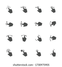 Toque iconos planos de gestos en gris. Conjunto de 16 piezas. 