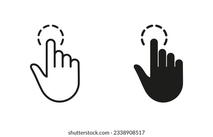 Touch Gesture, Hand Cursor for Computer Mouse Line and Silhouette Icon Set. Swipe, Click, Tap, Press, Point Sign Collection on White Background. Pointer Finger Pictogram. Isolated Vector Illustration.