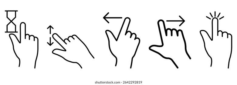 Touch gesture hand icon set for tap swipe wait drag scroll click interface control symbol vector illustration collection.