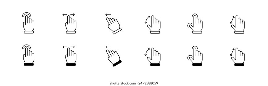 Touch gesture icon set. Line swipe gesture set. Touch screen gesture with hand