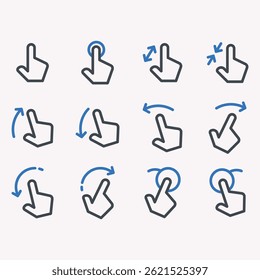 Paquete de iconos de gestos táctiles - 12 símbolos de interfaz de usuario de interacción de manos