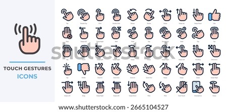 Touch gesture icons set collection. Featuring taps, swipes, pinches, zooms, and drags. Perfect for mobile app UI, touchscreen interfaces, and gesture-based interaction designs.