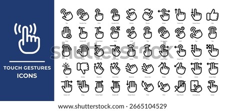 Touch gesture icons set collection. Featuring taps, swipes, pinches, zooms, and drags. Perfect for mobile app UI, touchscreen interfaces, and gesture-based interaction designs.