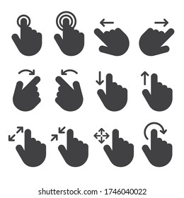 Touch gesture vector black icon set. Hand swipe and slide. Touchscreen technology, tap on screen, drag and drop. Smartphone mobile app or user interface design template. 