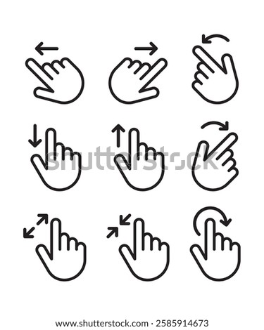 Touch gesture vector line icon set. Hand swipe and slide. Touchscreen technology, tap on screen, drag and drop. Smartphone mobile app or user interface design template.