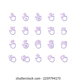Touch gestures gradient linear vector icons set. Touchscreen control. Smartphone navigation. Multi touch technology. Thin line contour symbol designs bundle. Isolated outline illustrations collection