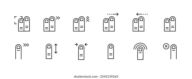 Colección de iconos de gestos y tacto. Gesto con el dedo, toque, interacción con el dedo, deslizamiento, deslizamiento, puntero del dedo, toque y más. Trazo editable. Pixel perfecto. Base de rejilla 32px.
