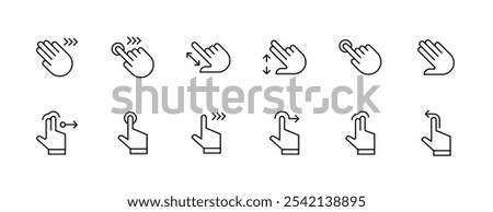 Touch and gestures icon collection. Hand gesture, touch, finger interaction, swipe, slide, finger pointer, tap and more. Editable stroke. Pixel Perfect. Grid base 32px.