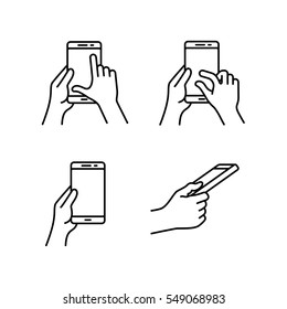 Icono de gestos táctiles para smartphone con pantalla táctil. Iconos vectoriales simples con un esquema simple para una aplicación móvil y una guía de interfaz de usuario con gestos táctiles o manual