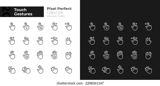 Touch gestures pixel perfect linear icons set for dark, light mode. Touchscreen. Thin line symbols for night, day theme. Isolated illustrations. Editable stroke. Montserrat Bold, Light fonts used