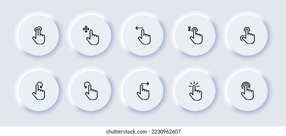 Touch gestures set icon. Control panel, tap with two fingers, swipe, scroll, waiting, loading, press, push, power button, screen. Technology concept. Neomorphism style. Vector line icon for Business