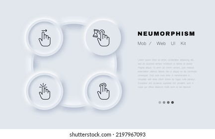 Touch gestures set icon. Swipe, press, push, tap with two fingers, hourglass, loading sign, waiting time, screen, hand, control. Technology concept. Neomorphism style. Vector line icon for Business.