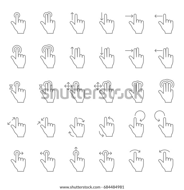 タッチハンドジェスチャのベクター画像線のアイコン スワイプ矢印を使って手の指のジェスチャーで絵文字をタッチ 指のスライドと動作 感覚の画面のイラストに手を触れる のベクター画像素材 ロイヤリティフリー