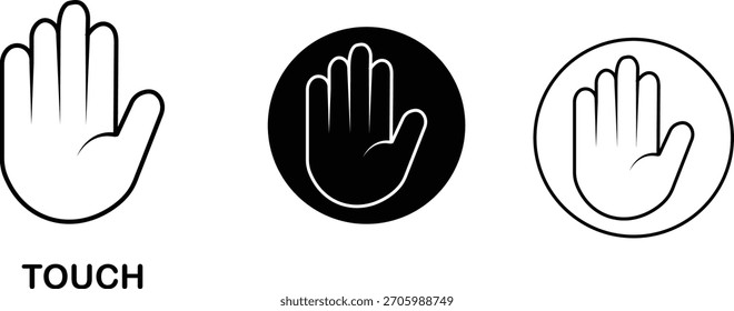 Conjunto de iconos de mano táctil grupo de colecciones en estilo de línea plana negra, paquete de ilustración de símbolo de palma de signos de gesto, Paquete de contorno de marca de mano de parada, surtido de Elementos gráficos táctiles sensoriales
