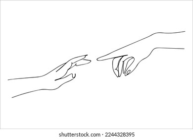 The touch of hands. Lovers reach out to each other. Two people are connected by a thread of fate. Vector hands. Gestures of lovers.