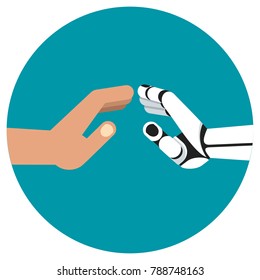 Touch hands of robot and human. Development of progressive innovative technologies, robotics. Flat vector cartoon illustration. Objects isolated on white background.