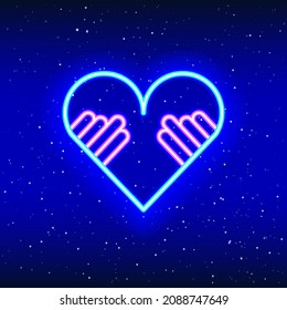 Toque el corazón. Diseño conmovedor de corazón neón. Diseño de signos de dedo con corazón lineal. Señal de neón de corazón en el espacio. Icono de neón único y realista. Icono lineal sobre fondo azul.
