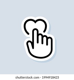 Pegatina del corazón táctil. La mano humana está empujando sobre el ícono del corazón. Símbolo de amor, signo de boda. Medios sociales. Donación, concepto de caridad. Vector de fondo aislado. EPS 10.