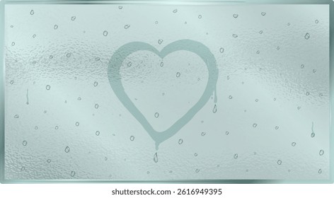 Touch Heart Symbol Glass Rain Drop Condensation Window Moisture Fog. stains. Rainy Steam Background Texture Water Sign Symbol Love Sadness Romance Wet hand drawn heart on foggy rainy glass