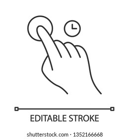 Touch and hold gesture linear icon. Touchscreen gesturing. Human hand and fingers. Using sensory devices. Thin line illustration. Contour symbol. Vector isolated outline drawing. Editable stroke