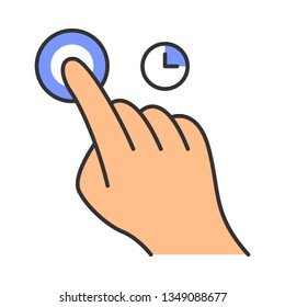 Touch and hold gesturing color icon. Touchscreen gesture. Human hand and fingers. Using sensory devices. Isolated vector illustration