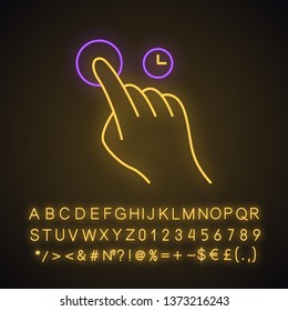 Touch and hold gesturing neon light icon. Touchscreen gesture. Human hand and fingers. Using sensory devices. Glowing sign with alphabet, numbers and symbols. Vector isolated illustration