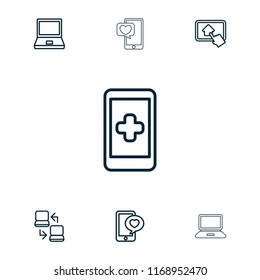 Touch icon. collection of 7 touch outline icons such as laptop, hand on smartphone, phone with heart, home on tablet. editable touch icons for web and mobile.