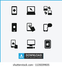 Touch icon. collection of 9 touch filled icons such as hand on smartphone, laptop, home on phone display, laptop connection. editable touch icons for web and mobile.