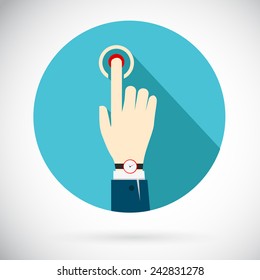 Touch icon. Hand of a businessman in a suit with a clock, clicking on the button that triggers a process. In flat style. Vector illustration eps10.