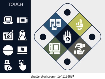 touch icon set. 13 filled touch icons.  Simple modern icons such as: Hand, Pendrive, Touch, Tablet, Laptop, Drawing tablet, Slider, Graphic tablet, Ebook, Hands