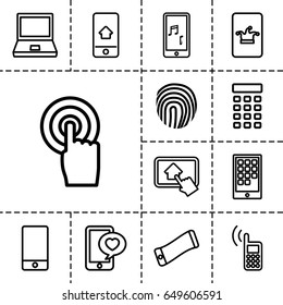 Touch icon. set of 13 outline touch icons such as poker on phone, phone with heart, touchscreen, home on tablet, intercom, fingerprint