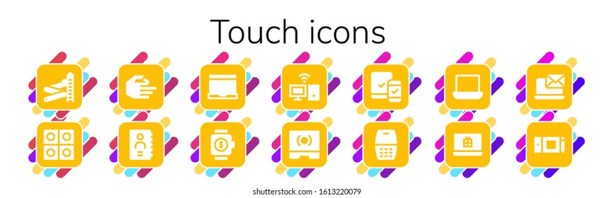 touch icon set. 14 filled touch icons. Included Slider, Tablets, Hand, Phone book, Laptop, Smartwatch, Personal computer, Touch screen, Responsive, Cellphone, Graphic tablet icons