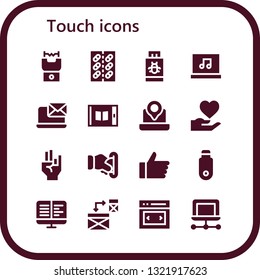 touch icon set. 16 filled touch icons.  Collection Of - Stun gun, Tablet, Pendrive, Laptop, Hand, Insert coin, Ebooks, Responsive, Slider
