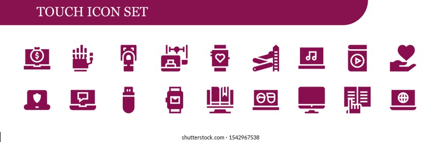 touch icon set. 18 filled touch icons.  Collection Of - Laptop, Hand, Fingerprint scan, Smartwatch, Slider, Audio book, Pendrive, Ebook, Screen icons