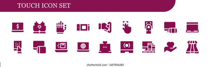 Touchsymbol-Set. 18 gefüllte Touchsymbole.  Einfache, moderne Symbole wie: Laptop, Hände, Hand, Grafische Tablette, Münze einfügen, Touch, Fingerabdruck scannen, Responsive, Tablet, Bildschirm