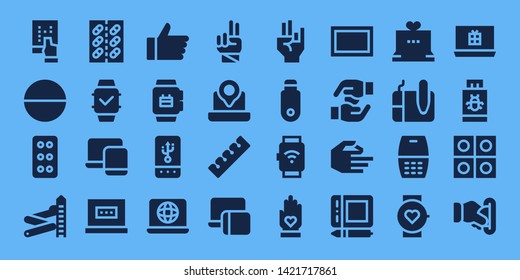 touch icon set. 32 filled touch icons. on blue background style Collection Of - Tablet, Slider, Smartwatch, Responsive, Laptop, Hand, Finger, Pendrive, Screen, Hands, Graphic tablet