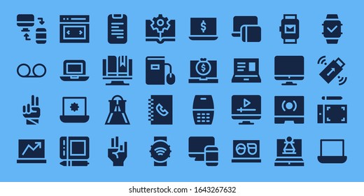 conjunto de iconos táctiles. 32 iconos táctiles rellenos. Incluido Responsivo, Mensaje de voz, Mano, Portátil, Diapositiva, Comprimido gráfico, Libreta telefónica, Ebook, Smartwatch, Teléfono móvil, Pantalla, Iconos de pantalla táctil