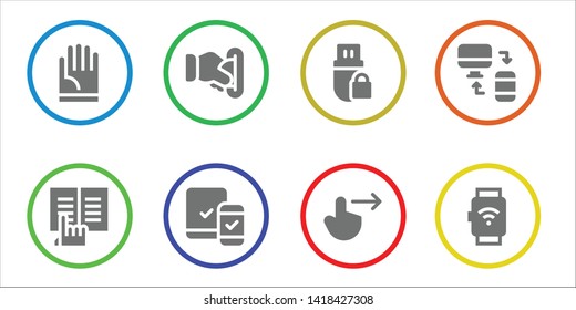 touch icon set. 8 filled touch icons.  Collection Of - Hand, Ebook, Insert coin, Responsive, Pendrive, Swipe right, Smartwatch