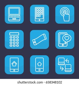 Touch icon. set of 9 outline touch icons such as phone with heart, touchscreen, home on phone display, intercom, laptop connection