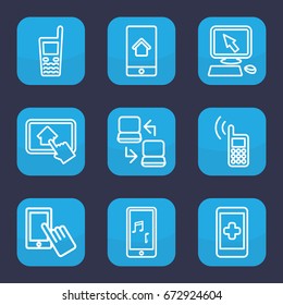 Touch icon. set of 9 outline touch icons such as pointer on display, finger on display, old phone, mobile music, home on phone display
