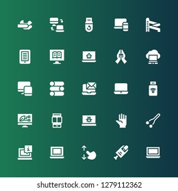 touch icon set. Collection of 25 filled touch icons included Laptop, Finger, Touch screen, Nose, Hand, Ereader, Screen, Pendrive, Slider, Responsive, Ebook, Hands