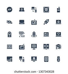 touch icon set. Collection of 25 filled touch icons included Pendrive, Ebook, Screen, Responsive, Slider, Graphic tablet, Laptop, Smartwatch, Finger, Devices, Cellphone, Fingerprint scan