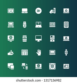 touch icon set. Collection of 25 filled touch icons included Laptop, Fingerprint scan, Responsive, Smartwatch, Hand, Keypad, Ebook, Screen, Pendrive, Insert coin, Fast forward