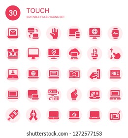 touch icon set. Collection of 30 filled touch icons included Laptop, Responsive, Hand, Screen, Insert coin, Smartwatch, Touch screen, Finger, Graphic tablet