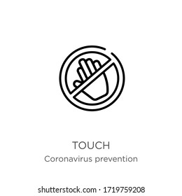 Touch icon. Thin linear touch outline icon isolated on white background from Coronavirus Prevention collection. Modern line vector sign, symbol, stroke for web and mobile