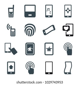 Touch icons. set of 16 editable filled touch icons such as poker on phone, finger on display, laptop, wavy phone, touchscreen, old phone