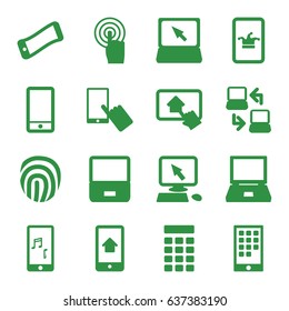 Touch icons set. set of 16 touch filled icons such as poker on phone, pointer on display, finger on display, phone, touchscreen, laptop, intercom