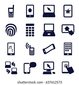 Touch icons set. set of 16 touch filled icons such as poker on phone, pointer on display, laptop, old phone, home on tablet, intercom, fingerprint